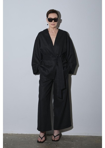 Siyah %100 Keten Eleni Culotte Pantolon