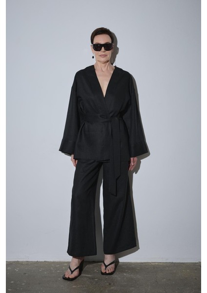 Siyah %100 Keten Eleni Culotte Pantolon