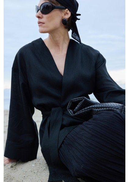Siyah %100 Keten Eleni Kimono