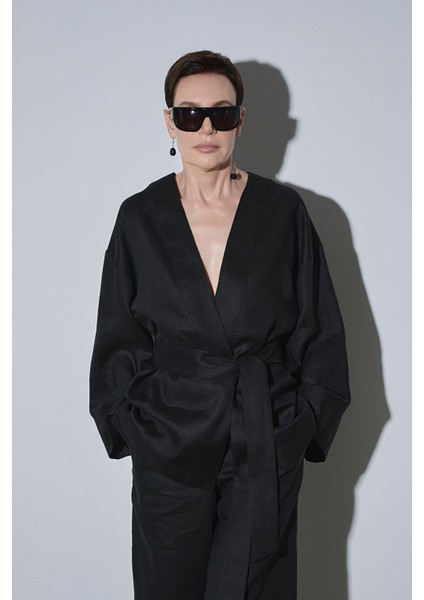 Siyah %100 Keten Eleni Kimono
