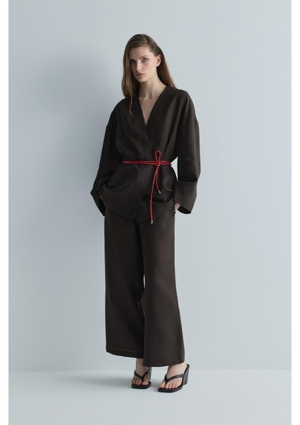 Kahverengi %100 Keten Eleni Kimono