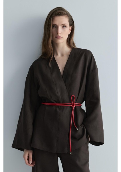 Kahverengi %100 Keten Eleni Kimono
