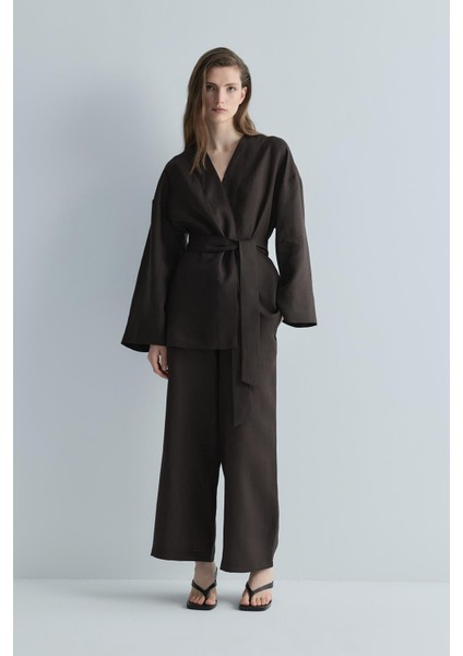 Kahverengi %100 Keten Eleni Kimono