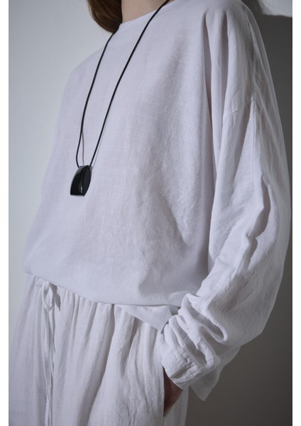 Beyaz Ole Oversize Keten Bluz