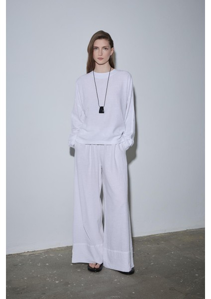Beyaz Ole Oversize Keten Bluz