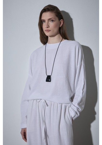 Beyaz Ole Oversize Keten Bluz