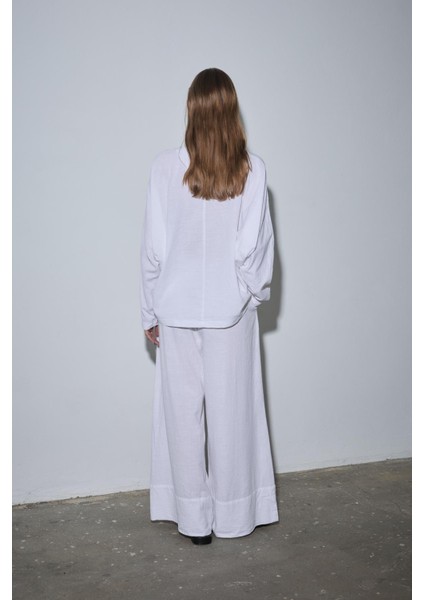 Beyaz Ole Oversize Keten Bluz