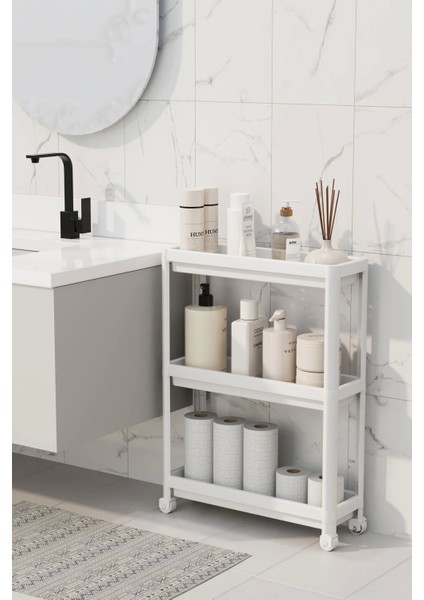 Tekerlekli 3 Katlı Çok Amaçlı Raf Ünitesi - Banyo Mutfak Düzenleyici Organizer Raf