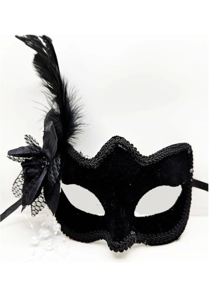 Siyah Süet Yandan Tüylü Incili Parti Maskesi