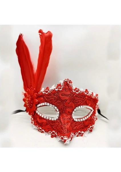 Kırmızı Renk Tüylü Dantelli Gözleri Taşlı Balo Parti Maskesi modelleri