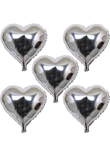 Kalp Şeklinde Folyo Balon 5 Adet 45 cm Gümüş Renk