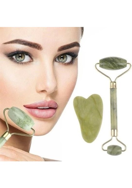 Çift Taraflı 2li Cilt Yüz Masaj Aleti Jade Roller Yeşim Taşı Seti