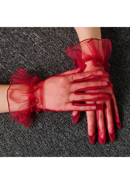 Kısa Boy Likralı Güpürlü Yetişkin Tül Eldiven Kırmızı Renk fırsatları