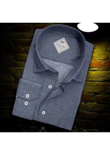 Linen Keten Klasik Uzun Kollu Indigo Erkek Gömlek (Regular Kalıp)