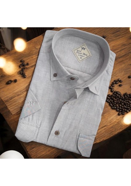 Linen Keten Klasik Kısa Kollu Gri Çift Cepli Erkek Gömlek (Regular Kalıp)