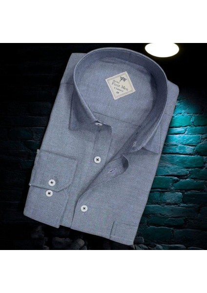 Linen Keten Klasik Indigo Uzun Kollu Erkek Gömlek (Regular Kalıp)