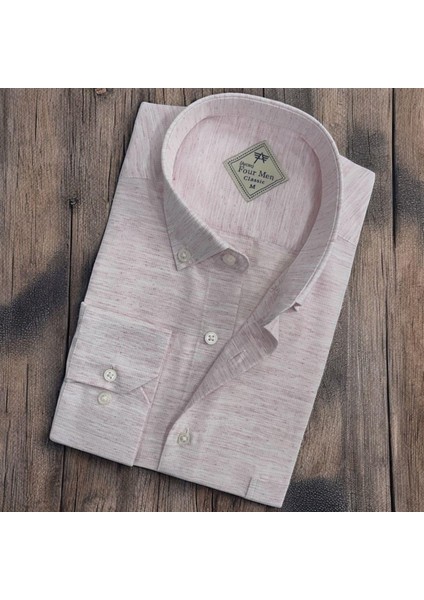 Linen Keten Hafif Kumaş Uzun Kollu Pudra Erkek Gömlek (Regular Kalıp)