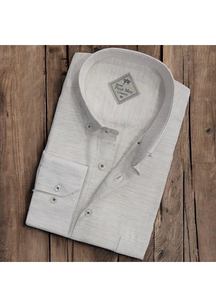 Linen Keten Klasik Uzun Kollu Krem Erkek Gömlek (Regular Kalıp)