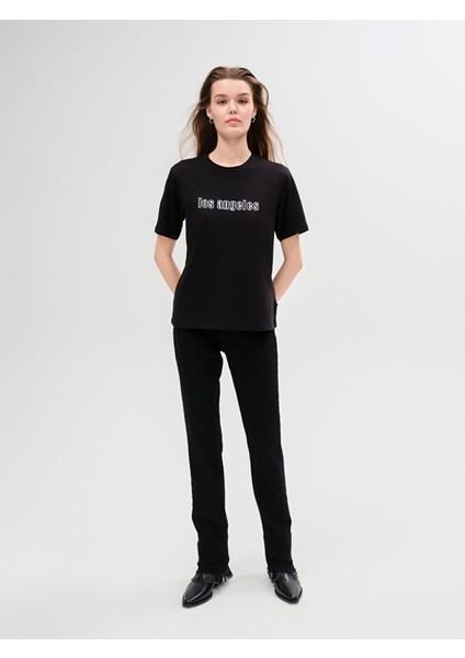 Kadın Slogan Baskılı Kısa Kollu Siyah T-shırt