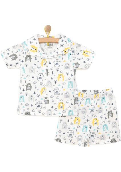 Erkek Bebek Pijama Takım Düğmeli Kapüşonlu Yaka Kısa Kol