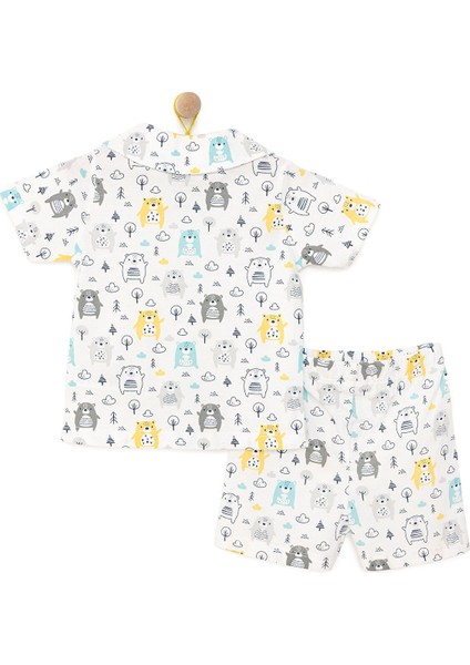 Erkek Bebek Pijama Takım Düğmeli Kapüşonlu Yaka Kısa Kol
