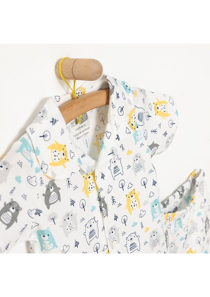 Erkek Bebek Pijama Takım Düğmeli Kapüşonlu Yaka Kısa Kol