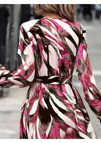 Kadın Uzun Kollu Kruvaze Yaka Belden Kuşaklı Desenli Süprem Elbise modelleri