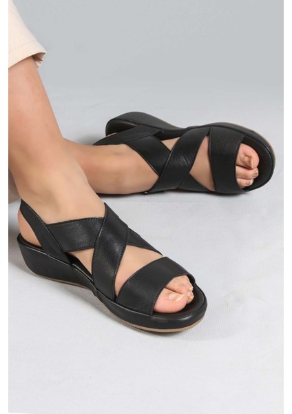 Kadın Deri Rahat Yazlık Casual Günlük Sandalet Siyah 864zar05