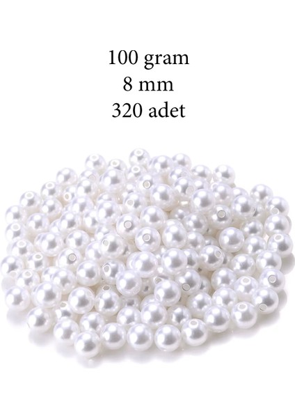 100 Gram 8mm Beyaz Renk Plastik Inci Boncuk Çanta ve Takı Yapım Boncuğu (~320 Adet)