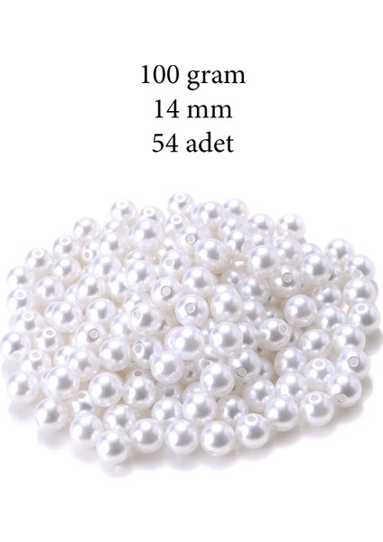 100 Gram 14MM Beyaz Renk Plastik Inci Boncuk Çanta ve Takı Yapım Boncuğu (~54 Adet)