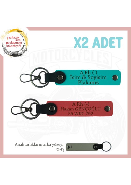 Asfaltın Tozunu Attıranlara X2 Anahtarlık Isim Plaka ve A- Kan Grubu Yazılı, Nar Çiçeği-K Turkuaz-Gr