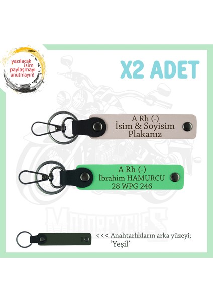 Hız Severlere Özel, Isim Plaka ve A Rh (-) Kan Grubu Yazılı Deri 2'li Anahtarlık, Pudra-F Yeşil-Ysl