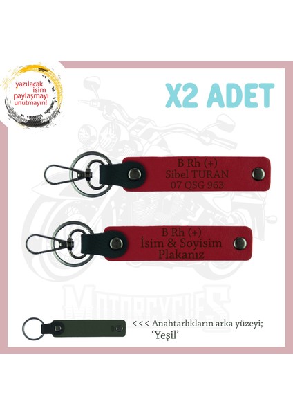 Motosiklet Maceracılarına, Isim Plaka ve B Rh + Kan Grubu Yazılı 2' Li Anahtarlık Set, Kırmızı-Ysl