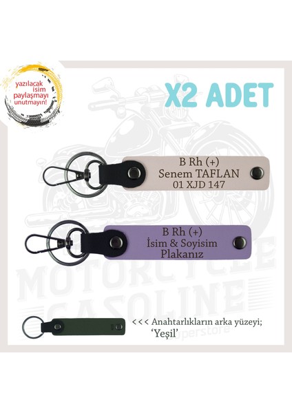 Biker Tarzına Özel, Isim Plaka ve B Rh (+) Kan Grubu Yazılı Hediye X2 Anahtarlık Set, Mor-Pudra-Ysl