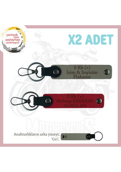 Bikerlar Için Özel, Isim Plaka ve 0 Rh (+) Kan Grubu, Hediye X2 Anahtarlık Set, Kül Gri-Kırmızı-Gr