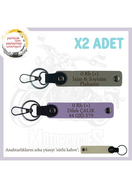 Hız Severlere, Isim Plaka ve 0 Rh + Kan Grubu Yazılı X2 Anahtarlık, Özel Hediyelik, Kül Gri-Mor-Sk