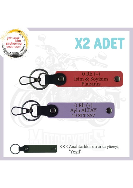Motosiklet Maceracılarına, Isim Plaka ve 0 Rh (+) Kan Grubu, X2 Set Anahtarlık, Nar Çiçeği-Mor-Ysl