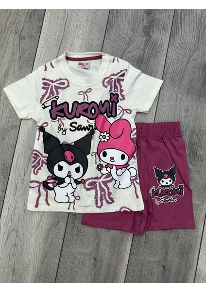 Kuromi Baskılı Beyaz Tişört ve Mürdüm Renkli Şortlu Kız Çocuk Takım