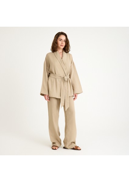 %100 Pamuklu Dokuma Şal Yaka Müslin Kimono-Pantolon Alt Üst Takım