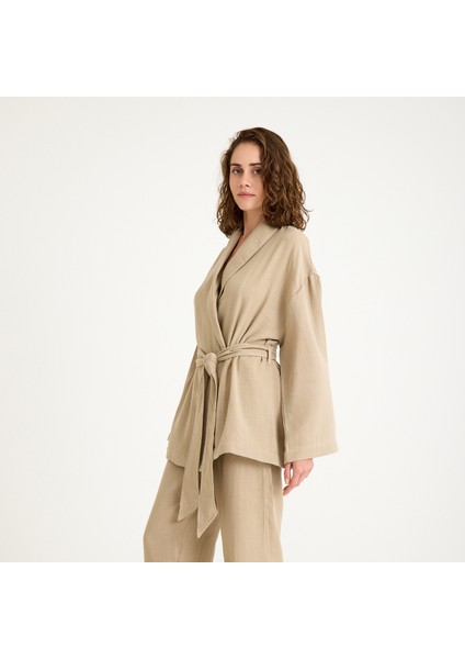 %100 Pamuklu Dokuma Şal Yaka Müslin Kimono-Pantolon Alt Üst Takım fırsatları