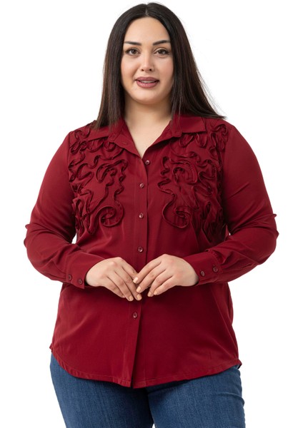 Büyük Beden Kabartmalı Kumaş Detaylı Bordo Gömlek