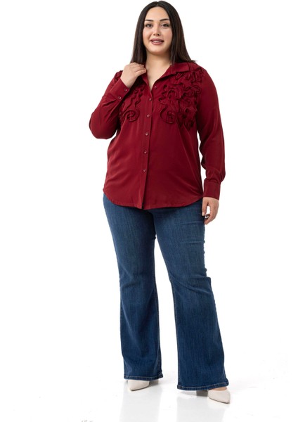 Büyük Beden Kabartmalı Kumaş Detaylı Bordo Gömlek fiyatları