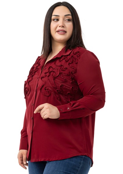 Büyük Beden Kabartmalı Kumaş Detaylı Bordo Gömlek fırsatları
