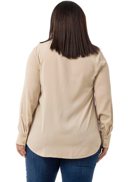 Büyük Beden Kabartmalı Kumaş Detaylı Bej Rengi Gömlek modelleri