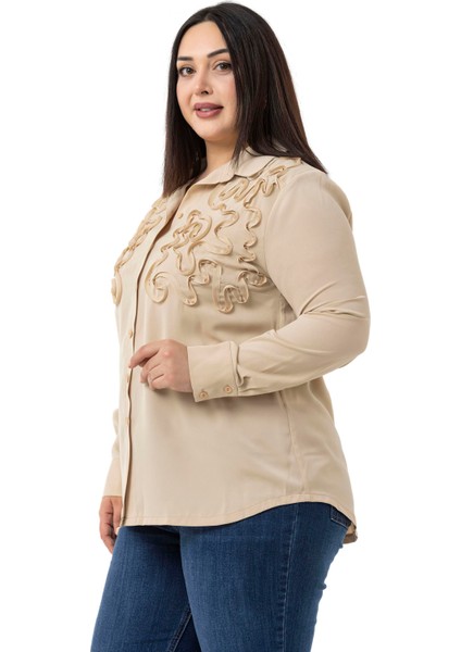 Büyük Beden Kabartmalı Kumaş Detaylı Bej Rengi Gömlek fırsatları