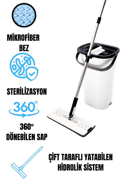 İzmir Luna Beyaz Flat Mop – Mikrofiber Tablet Mop 360° Dönebilen Saplı Temizlik Seti