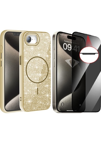 Apple iPhone 16E Kılıf M-safe Şarj Özellikli Parlayan Simli Zore Okso Kapak + Hayalet Temperli Ekran Koruyucu