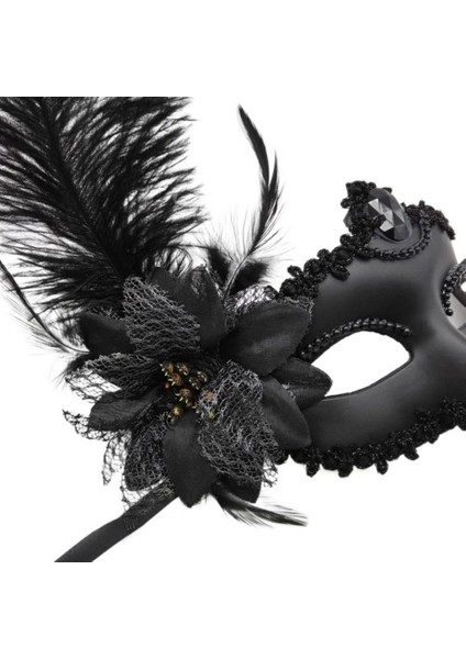 Siyah Mat Renk Yandan Tüylü Güllü Parti Balo Venedik Maskesi fiyatları