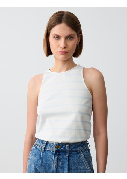Beyaz Sıfır Yaka Kolsuz Çizgi Desenli Örme Atlet