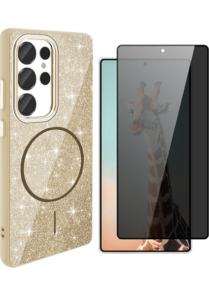 Samsung Galaxy S25 Ultra Kılıf M-safe Şarj Özellikli Parlayan Simli Zore Okso Kapak + Hayalet Temperli Ekran Koruyucu